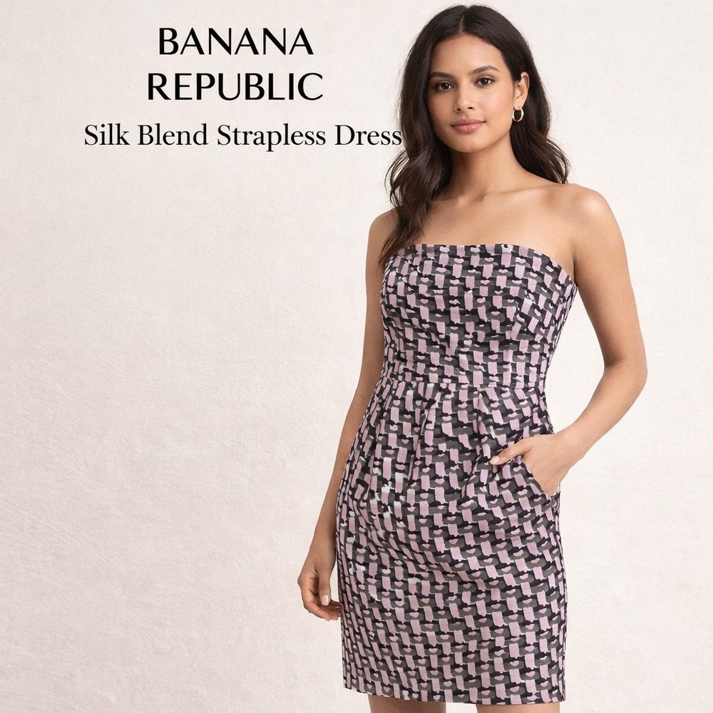 Banana Republic Silk Blend Strapless Dress Size 2 Pink Black Pleated Cocktail